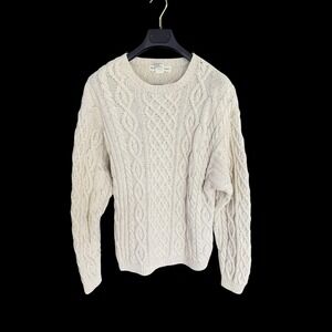 Banana Republic Mens Silk Cotton Linen Cable Knit Fisherman Sweater Cream Medium